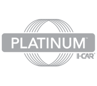 Gray logo with the word PLATINUM in bold letters over a circular line design, accompanied by I-CAR in the bottom right—representing a Certified auto body shop serving southern Indiana.