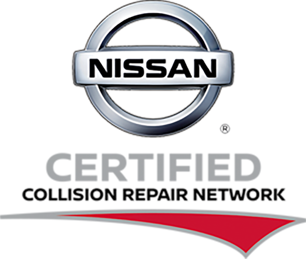 Nissan Certified Collision Repair Network logo, featuring a silver Nissan emblem above gray text and a red swoosh graphic, represents your trusted Certified auto body shop in southern Indiana.