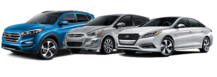 Three Hyundai vehicles are parked side by side: a blue SUV on the left, a silver hatchback in the middle, and a silver sedan on the right, all facing forward against a white background.