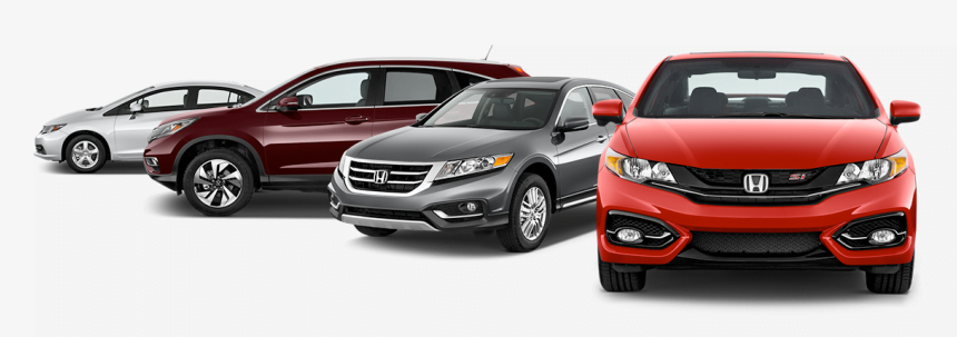 Four Honda vehicles in different colors—white sedan, maroon SUV, gray SUV, and red sports coupe—are parked side by side, facing slightly toward the viewer on a white background.