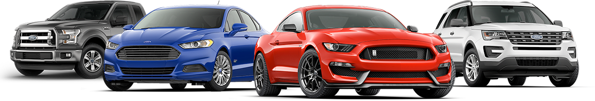 ford-certified-collision-repair-banner Four Ford vehicles are lined up side by side: a black pickup truck, a blue sedan, a red sports car, and a white SUV, all facing forward against a white background.