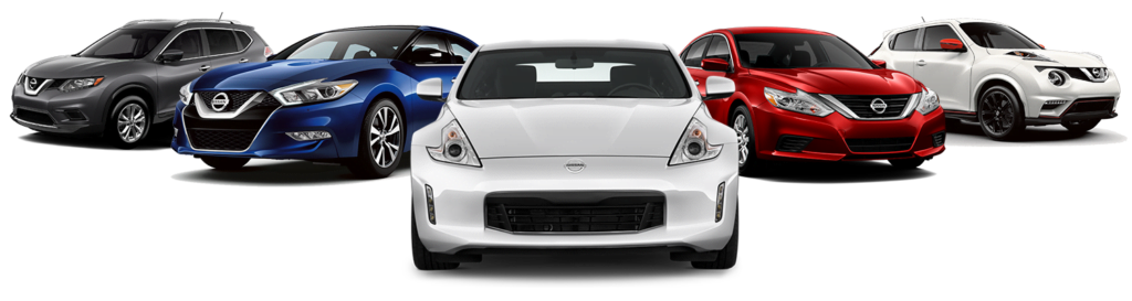 Five Nissan cars in different colors—gray, blue, white, red, and white—are lined up in a semi-circle, facing forward on a white background.